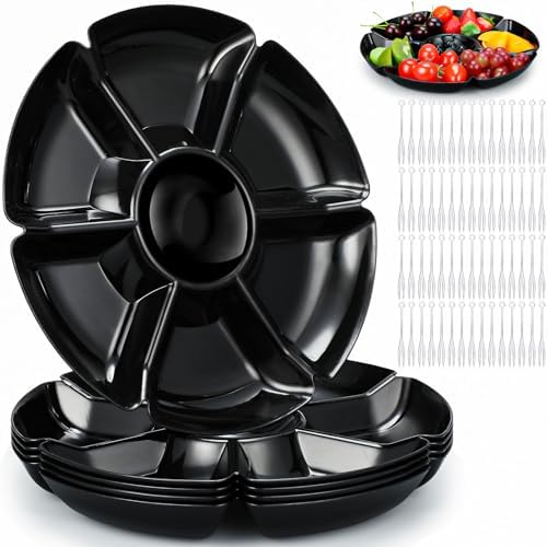 Zhehao 6 Pcs Plastic Divided Serving Trays with 60 Pcs Disposable Fork, 7 Compartments Round Chip Dip Plate, Petal Shape Platter, 10.6'' Snacks Serving Dish for Party Candy Nuts Fruits (Black) by Zhehao