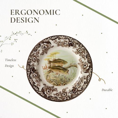 Spode Woodland Salmon Salad Plate with British Flowers Border - Brown/White - Image 6