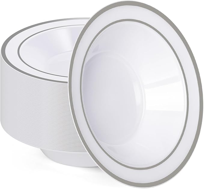 BESTVIP 50 Pack Plastic Bowls with Silver Rim, 12 oz Disposable Soup Bowls, Heavy-duty Dessert Salad Bowl for Party, Wedding, Christmas, Catering and Dinner