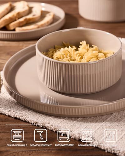 Famiware Ceramic Plates and Bowls Set, Dinnerware Sets, Ribbed Dishes for 4 - Image 4