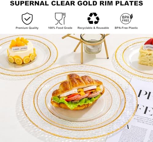 Ciaell 150PCS Clear Gold Plastic Plates - Disposable Gold Rim Plates include 25Dinner Plate, 25Dessert Plate, 25Forks, 25Knives, 25Spoons, 25Cups for Wedding & Party (Pack of 2) - Image 4