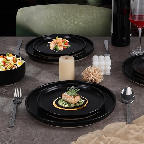 LIANYU Plates and Bowls Sets for 2, 6 Piece Stoneware Dinnerware Set, Porcelain Dishware for Kitchen and Dining, Microwave Oven Dishwasher Safe, High temperature & Scratch Resistant, Matte Black - Image 3