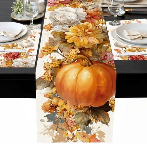 ANNA QUEEN Vintage Fall Floral Table Runner and Placemats Set of 6, 13"x72" Runner with 12"x18" Placemats, Rustic Peony and Garden Flowers Thanksgiving Dining Decor - Image 6