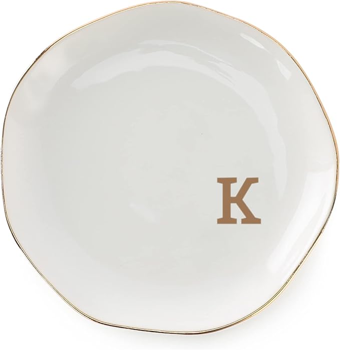 Initials Ring Dish Jewery Tray with personalized K-Monogrammed Gifts Wedding Engagement for Women Friends sister,Ceramic White