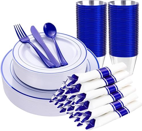 WELLIFE 210 Piece Blue Disposable Dinnerware Set,Plastic Plates for Party, Include: 30 Dinner Plates, 30 Dessert Plates, 30 Pre Rolled Napkins with Gold Silverware and 30 Gold Cups by WELLIFE