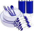 WELLIFE 210 Piece Blue Disposable Dinnerware Set,Plastic Plates for Party, Include: 30 Dinner Plates, 30 Dessert Plates, 30 Pre Rolled Napkins with Gold Silverware and 30 Gold Cups by WELLIFE