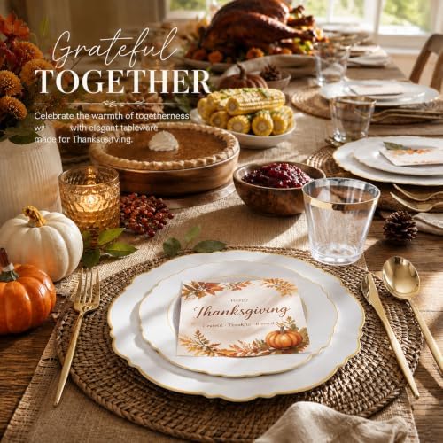Liacere 150Pcs White Plastic Plates-White and Gold Disposable Plates Set-White and Gold Rim Disposable Plastic Dinnerware include 50Plates,25Pack Silverware and 25Cups for Thanksgiving/Fall Party - Image 4