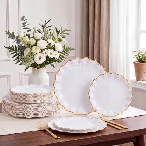 Rubtlamp Heavyduty 60Pcs Gold Plastic Plates - White Scalloped Plates with Gold Trim - Fancy plastic plates- 30 Dinner & 30 Dessert Platos for Party, Wedding (30 Guests) - Image 3