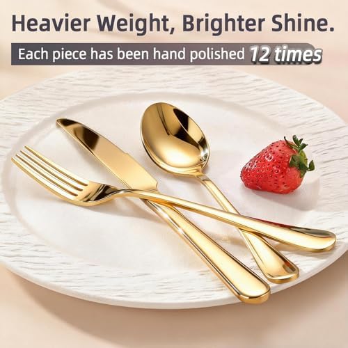 60 Piece Gold Silverware Set for 20, Stainless Steel Forks Spoons and Knives Set, Finish Gold Flatware, Dishwasher Safe for Family Picnics Daily Gatherings - Image 2