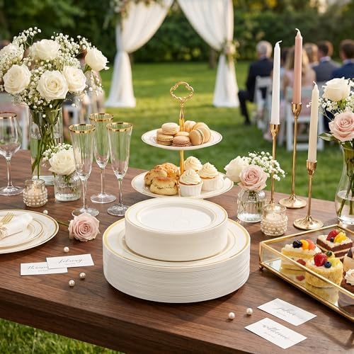 U-QE 100pcs Ivory Plastic Plates for Party - Ivory Gold Plastic Plates - Image 3