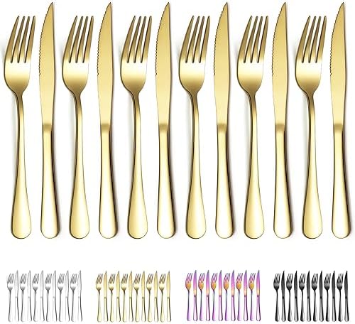 Evanda Gold Steak Knives Set 12 Piece, Gold Titanium Plating Stainless Steel 6 Dinner Forks and 6 Dinner Knives Set, Steak Knives Steak Forks, Dishwasher Safe by Evanda