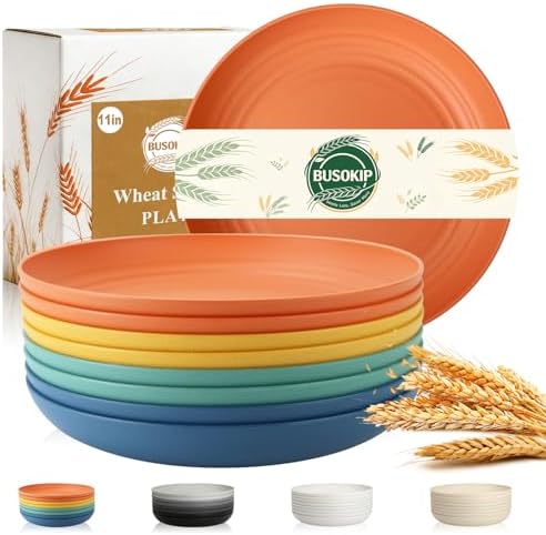 Large Wheat Straw Plates 11 Inch, Unbreakable Dinner Plate Set for 8, Plastic Plates Reusable, Microwave and Dishwasher Safe Kitchen Plate for Holiday, Party, BBQ - Multi by BUSOKIP