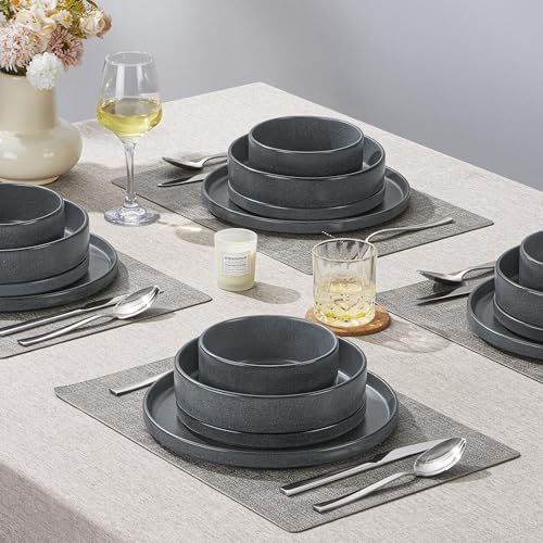 Herogo Dinnerware Dishes Sets with Salad Bowls, 24 Piece Plates and Bowls for 6, Dishwasher & Microwave Safe Ceramic Stoneware for Kitchen, Dark Gray - Image 7