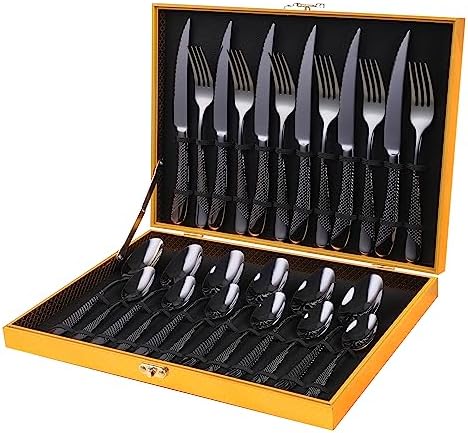 Hammered Black Silverware Set, OGORI 24-Piece 18/10 Stainless Steel Flatware Set, Service of 6 by OGORI