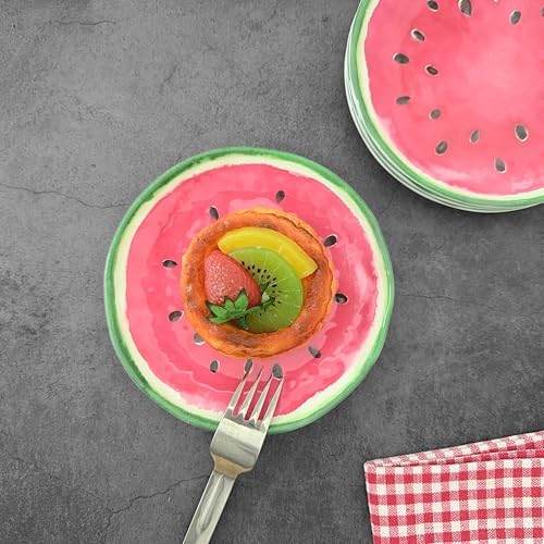 UP Watermelon Melamine Round Dessert Plates, Small Serving Plates, for Appetizer, Snacks, and Side Dishes, Red, 6 Inch, Set of 4 - Image 4