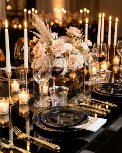 Morejoy 175PCS Black and Gold Plastic Plates Dinnerware Sets for 25 Guests - Image 6