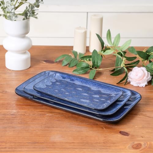 vicrays Ceramic Rectangle Serving Platters - 14" 12" 10" Porcelain Serving Trays Plates for Party BBQ Appetizers Sushi Dessert - Microwave Oven and Dishwasher Safe - Set of 3 Blue - Image 5