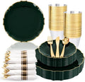 bUCLA 175PCS Green Plastic Plates - 25 Guests Gold Rim for Party, Wedding by BUCLA