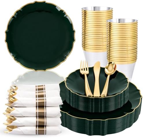 bUCLA 175PCS Green Plastic Plates - 25 Guests Gold Rim for Party, Wedding by BUCLA