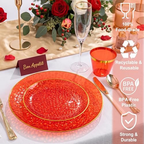 Rubtlamp 700Pcs Red Gold Plastic Dinnerware Set, Hammered Red Gold Plates, Fancy Plastic Plates Include 100 Dinner Platos, 100 Salad Platos, 100 Cups,100 Pack Pre Rolled gold plastic Silverware - Image 3