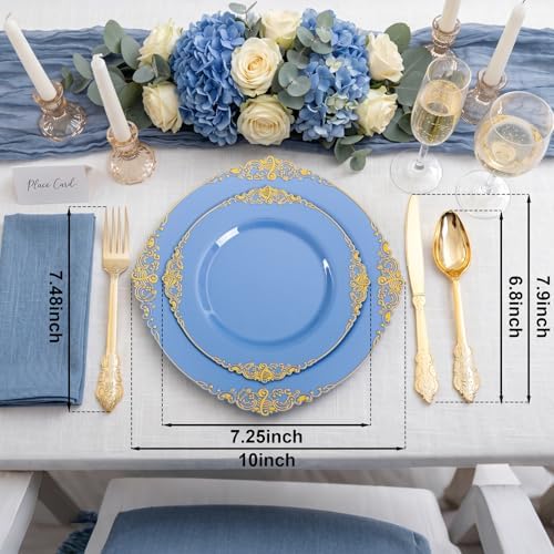 125PCS Blue and Gold Plastic Plates for Wedding Party Baby Shower - Image 2