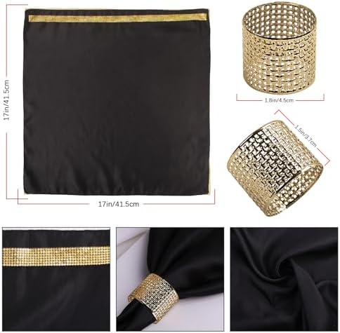 VIJIV 12 Pack Cloth Napkins and Gold Napkin Rings Set of 6, 17x17 Bling Trim Satin Cocktail Napkins Cloth Washable Personalized Dinner Napkins for Wedding Party Holiday Decorative - Image 4