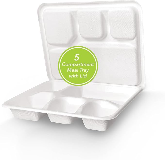 three leaf 5 COMPARTMENT MEAL TRAY WITH LID SET, 125 SETS. Heavy-Duty- Super Strong- Natural- Eco-Friendly Disposable Bagasse Tray with Lid, 100% Biodegradable Plates