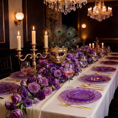 YOUBET 125PCS Clear Purple Plastic Plates with Gold Rim for Wedding - Image 4