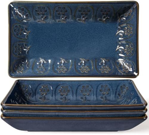 Artena Salad Plates Set of 4, 9.85" Embossed Ceramic Rectangular Appetizer Plates, Deep Lipped Edges, Microwave & Dishwasher Safe, Dessert Sushi Pasta Serving Plates (Blue, Pinwheel Flower) by Artena