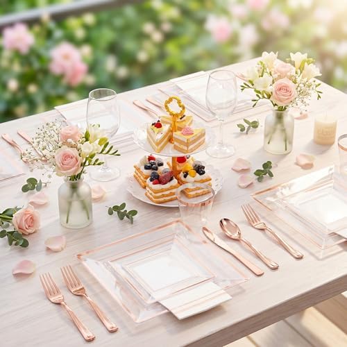 Festiva 350Pcs Rose Gold Plastic Plates - Clear Rose Gold Disposable Dinnerware Sets for 50Guests include 100 Plates 50 Cups 50Plastic Cutlery 50Napkins for Fall Party&Wedding& Bridal Shower - Image 6
