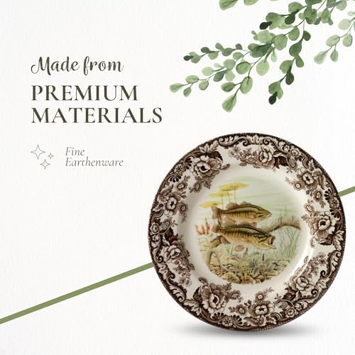 Spode Woodland Salmon Salad Plate with British Flowers Border - Brown/White - Image 4
