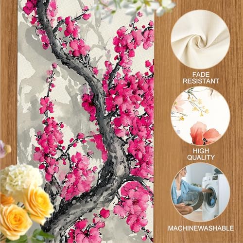 ANNA QUEEN Floral Table Runner and Placemats Set of 6 – 13"x72" Table Runner & 12"x18" Placemats, Cherry Blossom Ink Style Elegant Zen Dining Decor - Image 4