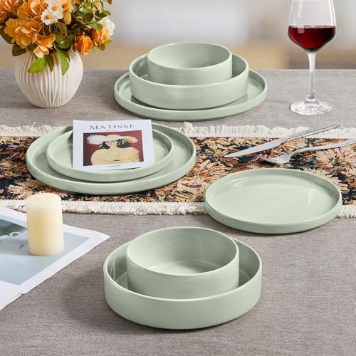 Herogo 8 Piece Plates and Bowls Set, Kitchen Dinnerware Sets with Pasta Bowls, Dinner Ware Dishes Service for 2, Chip & Scratch Resistant Porcelain Kitchen Dishware, Speckled Light Green - Image 7