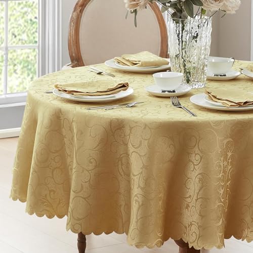 Newbridge Portofino Scalloped Damask Fabric Tablecloth, 90 Inch Round, Gold, Wrinkle and Stain Resistant Fine Dining Holiday Party Table Cover - Image 3