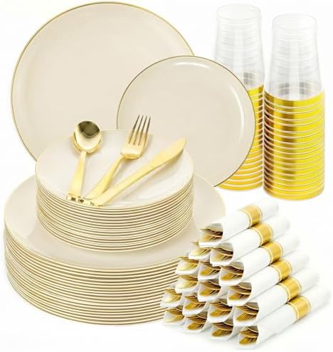 Ivory Gold Dinnerware Set Disposable Plates for 350PCS 50 Guests by cheerserve