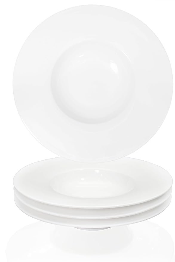 Ceramic Wide Rimmed Soup Plate, Soup Bowl 8 oz, Pasta Bowl Set of 4, White Shallow Bowl Plate with Rim, Best choice for high-end restaurants, hotels, and foodies, 9.6 Inch