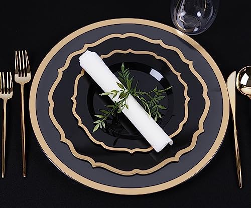 PLASTICPRO 128 Pack Elegant Disposable Plastic Plates Combo Set Includes 64 Dinner Plates and 64 Salad Plates Heavy Duty Fancy Party Plates Black & Gold Contemporary Design - Image 2