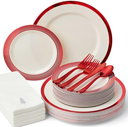 By Madee HEAVYWEIGHT Red Christmas Disposable Dinnerware Set 175 Pcs by byMadee