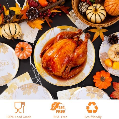 125PCS Thanksgiving Plastic Plates - Gold Disposable Dinnerware Sets - Thanksgiving Maple leaf Plates with Silverware for 25 Guests for Autumn Harvest Party Decor - Image 5