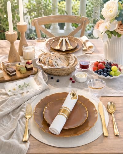 bUCLA 175PCS Brown Plastic Plates - 25 Guests Gold Rim Disposable for Party - Image 6