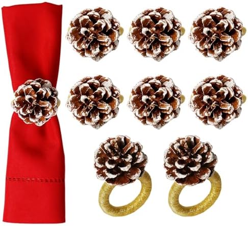 Christmas Napkin Rings Set of 8, Snow Pinecone Rings with Gold Rabbin Buckle Rustic Napkin Rings for Christmas Thanksgiving Holiday Table Dinner Celebration by FEKIDO