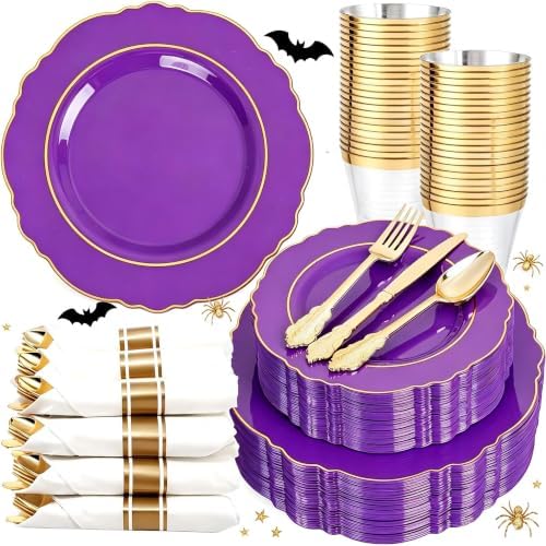 Liacere 175PCS Purple Plastic Plates-Disposable Purple and Gold - 25 guest Baroque Plastic Dinnerware include 50Plates,25Pack Pre Rolled Napkins with Silverware 25Cups for Wedding&Party＆Halloween by Liacere
