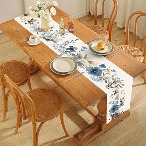 ANNA QUEEN Blue Floral Table Runner and Placemats Set of 6, 13"x72" Table Runner with 12"x18" Placemats, Rustic Linen Style Dining Set for Farmhouse, Kitchen, Everyday Decor - Image 7