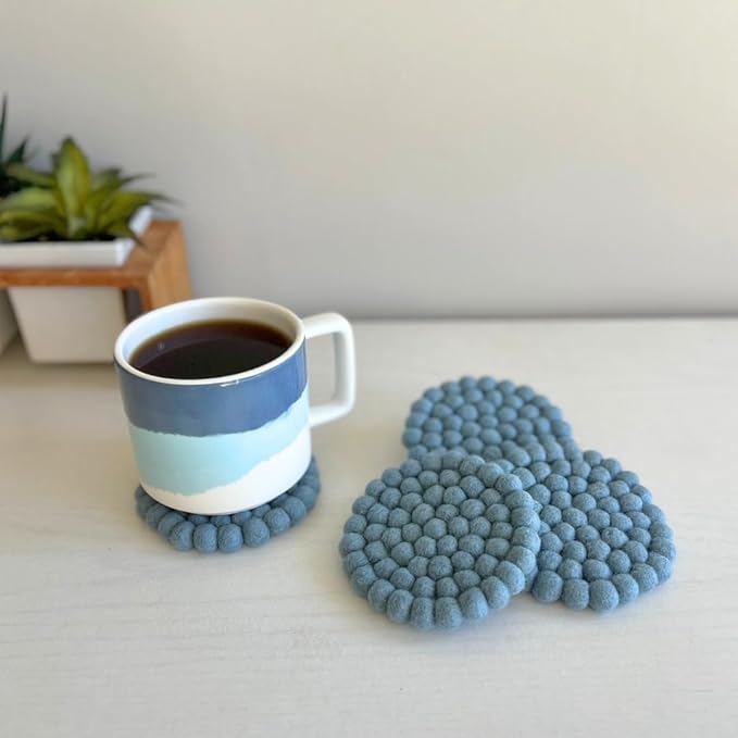 Humble Hilo Handmade Felt Coaster, 3.9 inches, Set of 4 (Dusty Blue)