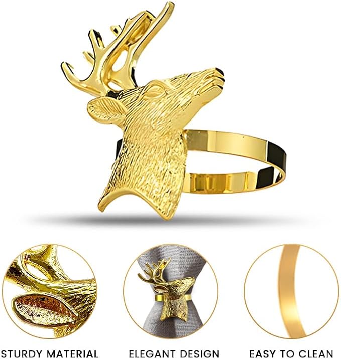 Decozen Set of 4 Gold Napkin Rings in Stag Design, Festive, Table Decor Setting for Holiday, Wedding, Birthday, Kitchen, Home Decor, Housewarming Gift - Thanksgiving & Christmas Gift Decoration