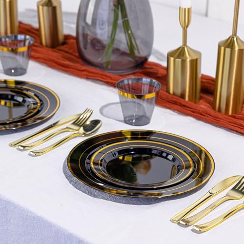 N9R 600PCS Black Gold Plastic Plates, Disposable Dinnerware Set for Party - Image 4