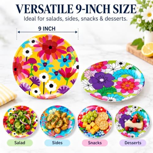French Bull Assorted Plates - 4 Piece Set - 9 inch Melamine Salad Plates Set of 4 - Melamine Dinnerware for Indoor and Outdoor - Assorted Garden Floral - Image 3