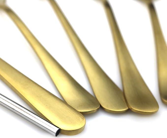 JASHII Modern Royal 20 Pcs Matte Gold 18/10 Stainless Steel Utensils Cutlery Dinnerware Set w/ 4 Pcs Straw, Knife Fork and Spoon Flatware Set for Wedding Festival Christmas Party Service for 4