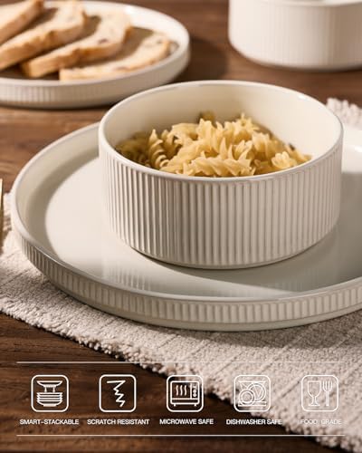 Famiware Stoneware Dinnerware Set with Pasta Bowls, Oat White Dishes for 6 - Image 4