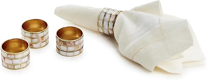 Two's Company Mother of Pearl Napkin Ring Holder in Gift Box, Set of 4, 1.5-inches Diameter, Brass